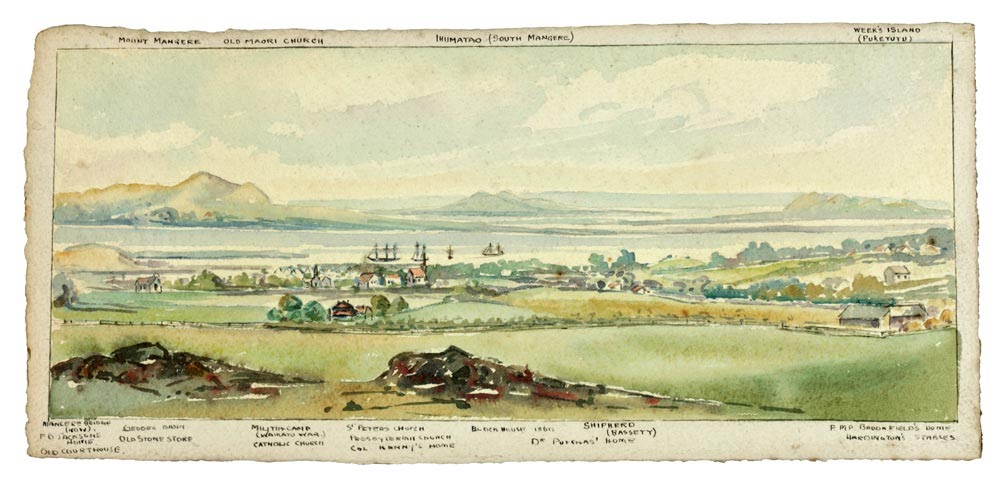 Painting:  Looking south towards Onehunga from Mount Smart Road, 1860s.
