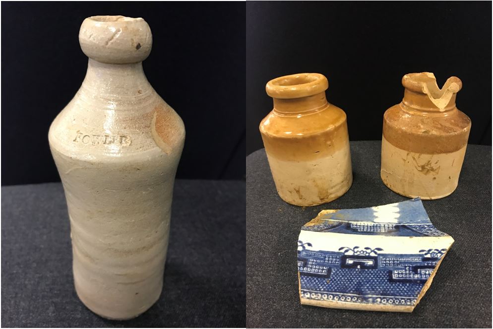 Images: Ginger beer bottle from the 1840s uncovered on the corner of Fort Lane and Customs Street East; and two stoneware preserve bottles and a sherd of earthenware ceramic from a serving platter found in Galway Street.