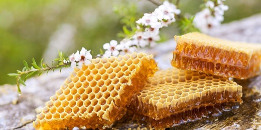A stack of raw honeycombs, flowing with honey, sit on a natural wooden table. Origin and traceability are vital selling points for mānuka honey in the high-value US market.