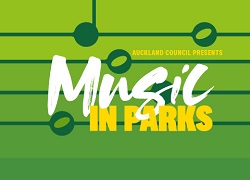 The words Music in Parks in white over a green background
