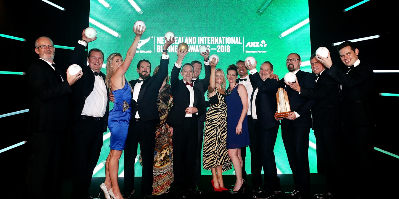 Award winners pose for a group photo at the conclusion of the New Zealand International Business Awards 2018 at Sky City Convention Centre on November 8, 2018 in Auckland. Photo by Anthony Au-Yeung/Getty Images for NZTE.