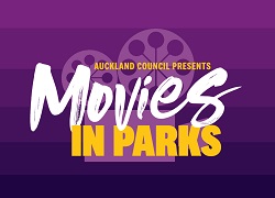 The words Movies in Parks over a purple background