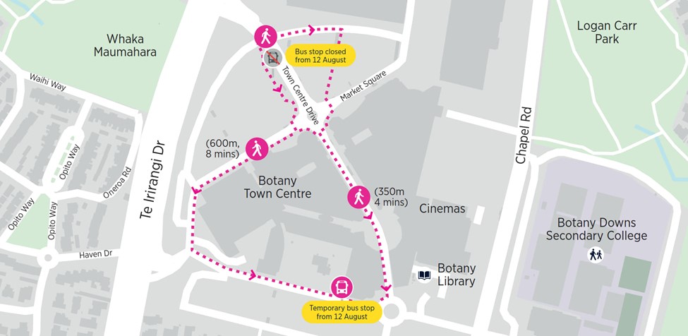 Map of  temporary bus stop in Botany