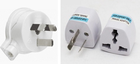 Left: Photo of a New Zealand plug with insulated pins. Right: Photo of a plug with an adaptor
