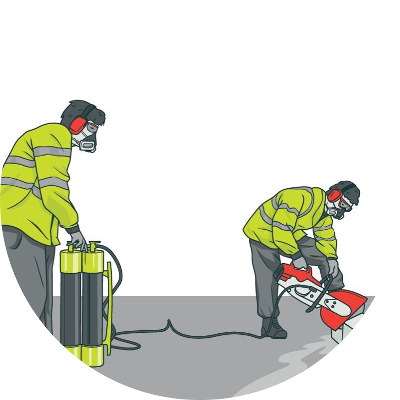 artistic impression of two workers using power tools with water suppression