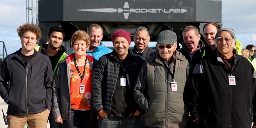 Rocket Lab, Ngāti Hikairo and Tawapata South Incorporation representatives stand together at the Onenui Station launch site, on the Mahia Peninsula on the North Island of New Zealand. “It’s déjà vu for us," says Tawapata spokesperson George Mackey. "Just like my ancestors thousands of years ago looked at the oceans and thought what’s out there, we’re now looking to the stars and we’re saying the same thing.” 