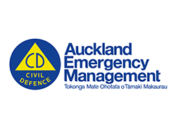 The Auckland Emergency Management logo and the name of the organisation in blue on a white background