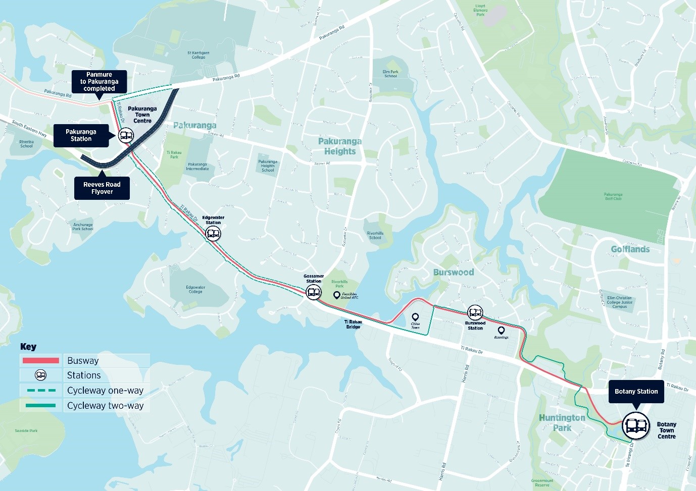 Eastern Busway route from Pakuranga to Botany