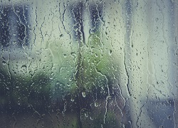 A photo taken through a rain-covered window