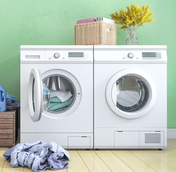 Stock image of a washer and dryer in a laundry room