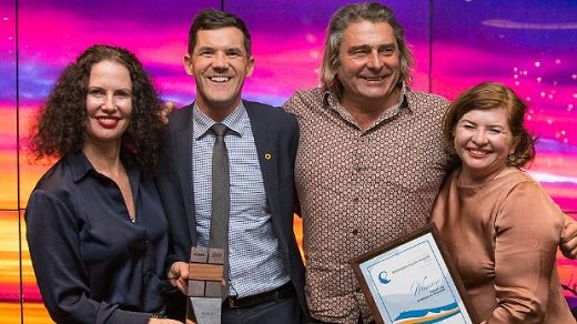  Antipodes CEO Elizabeth Barbalich, Wellington mayor Justin Lester, Zoran Barbalich and Pieta Reid from Antipodes celebrate Antipodes' winning the 2018 ASB Wellington Exporter of the Year award.