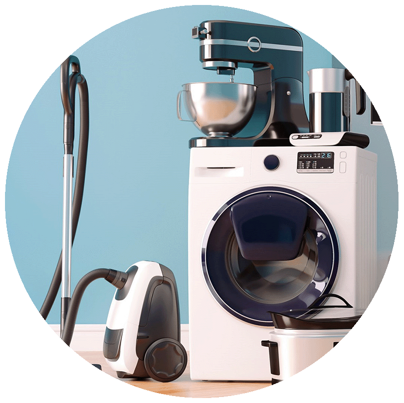 Stock image cropped into a circle of a washing machine and other appliances
