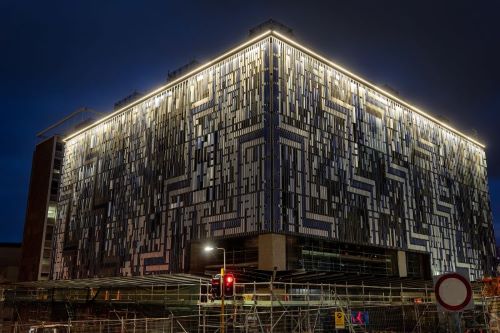 ​Image: Wellesley Street entrance of Te Waihorotiu Station, lit up in celebration of Matariki. 